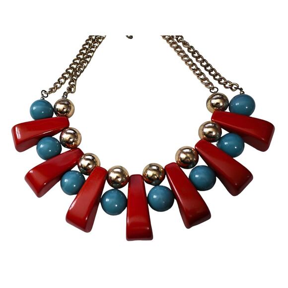 Vintage 90s does 60s MOD Space Age Cherry Red Blue Gold Gumball Bib Necklace - Picture 1 of 5